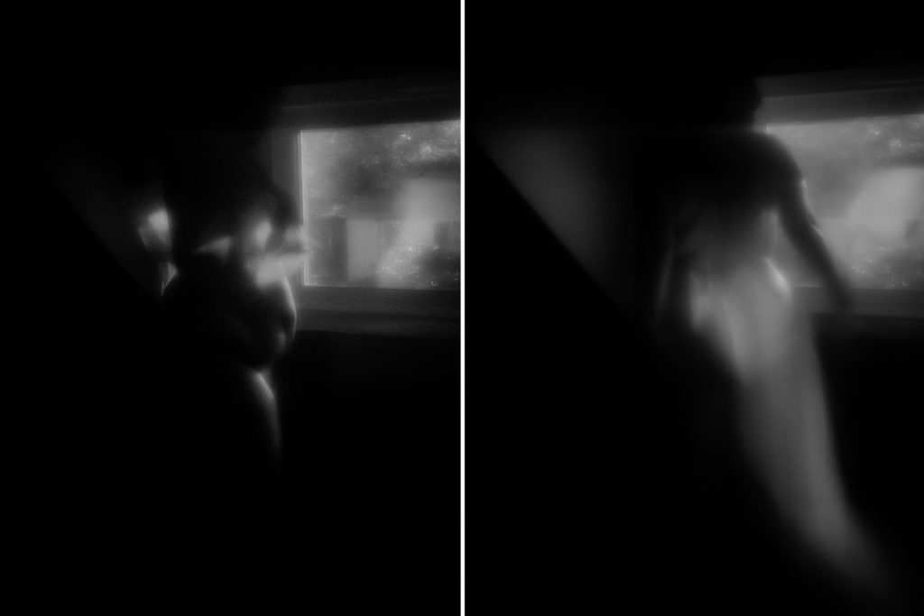 Two self portraits of motherhood. A diptych of a woman in low light. She appears pregnant.